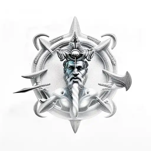 Poseidon With Trident Fine Line Vertical Style