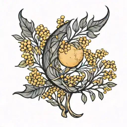 Crescent Moon Simple Black Line With Australian Golden Wattle In Colour Wrapped Around