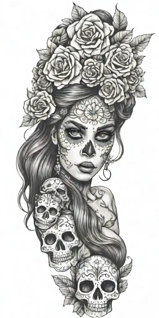 A Realistic Portrait Of A Mermaid With Day Of The Dead Face Paint And Flower Crown