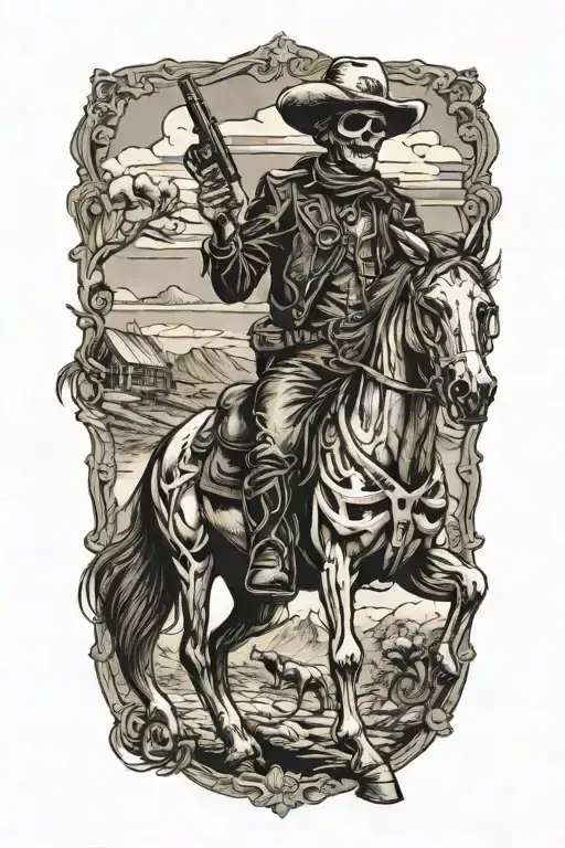 Skeleton Cowboy On A Horse Smoking A Cigar