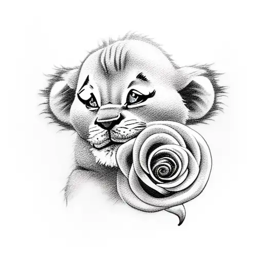 A Baby Simba Cuddling A Rose In A Realistic Style