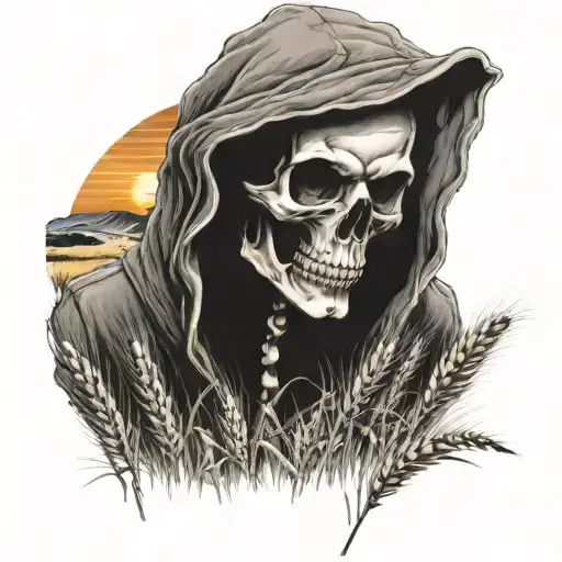 Skeleton Wearing Hoodie With Hood Down And Field Of Wheat With Sunset And Combine In Background