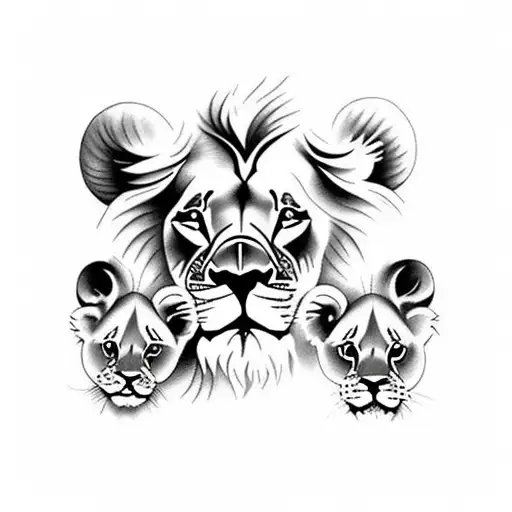 Mom Lion And Two Baby Cubs