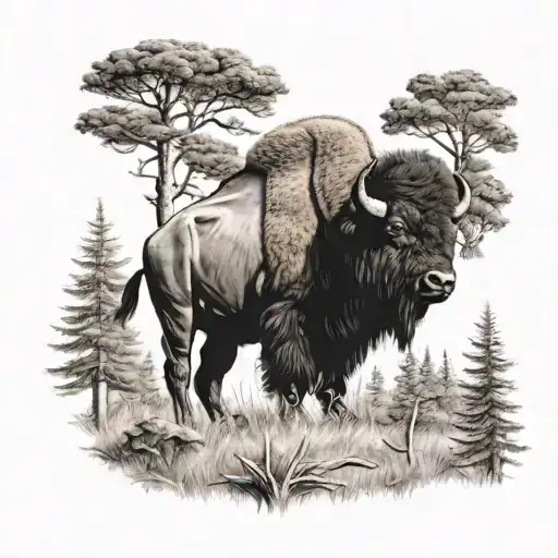 Bison In Forest Scene