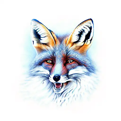 Fox Sitting Up With Tail On Its Right Side With One Blue Eye And One Red Eye