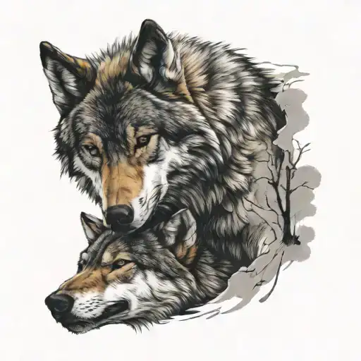 Lone Wolf With Scars And Female Wolf Licking His Wounds