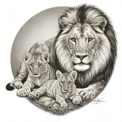 Lion And Cub Staring With Lioness