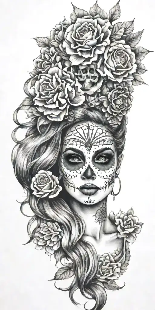 A Realistic Portrait Of A Mermaid With Day Of The Dead Face Paint And Flower Crown