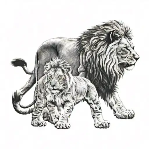 Protective Lion With Paw On Cub Looking