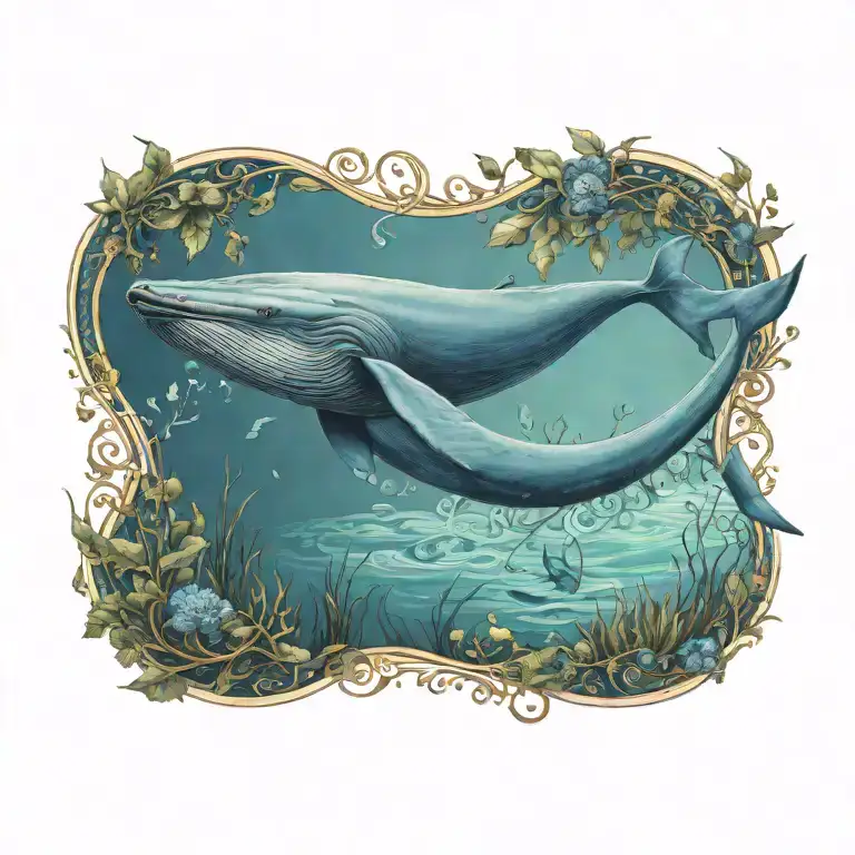 A Majestic Blue Whale Swimming Through A Field Of Art Nouveau Inspired Underwater Plants