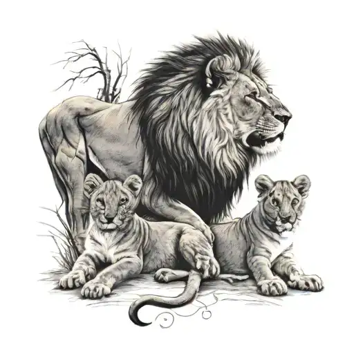 Lion And Cub Staring With Lioness Symbolizing Strength