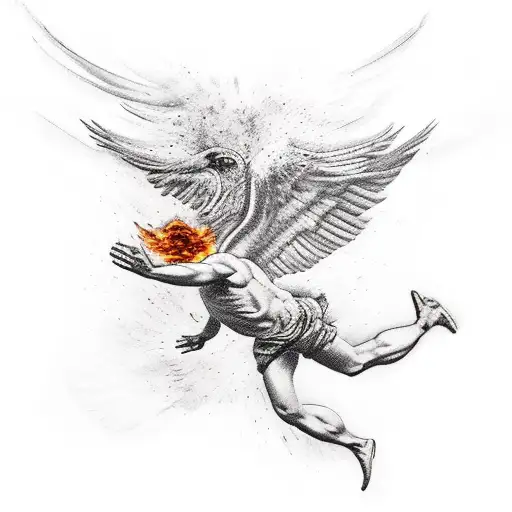 Icarus Falling On Fire With Feathers In The Air