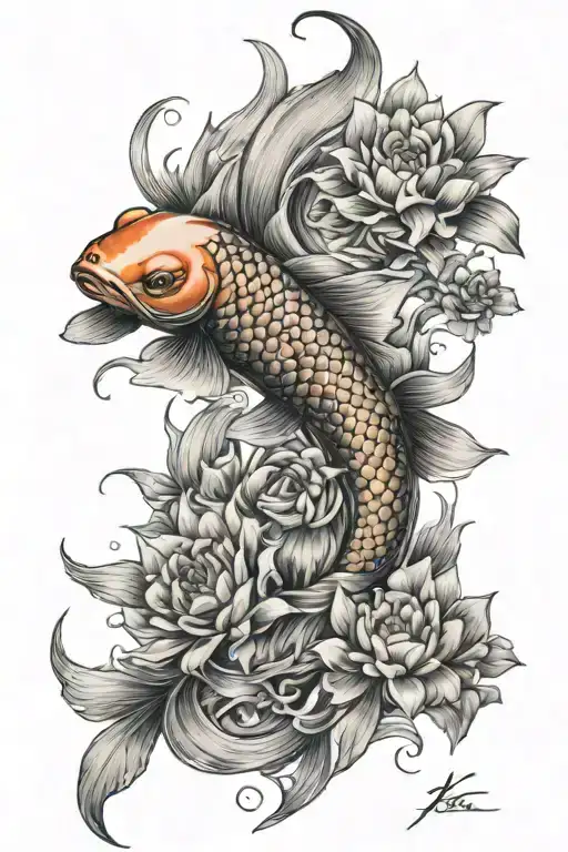 Koi Fish Burning Flowers Blooming