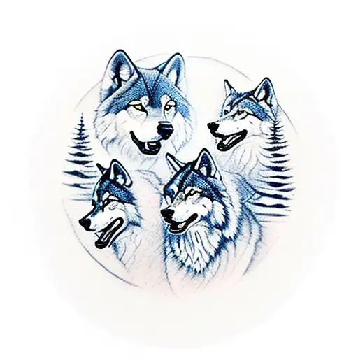 A Pack Of Wolves Howling At The Moon In A Forest