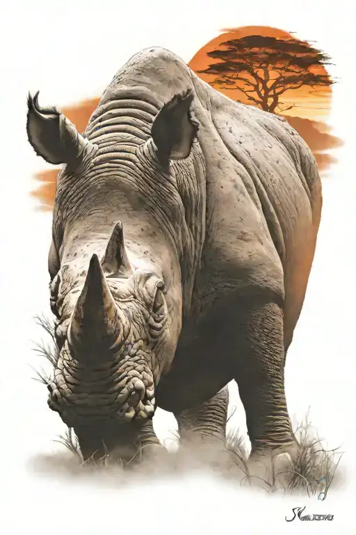 One Charging Rhino In Front Of Orange Red Dramatic Sundown In African Savannah