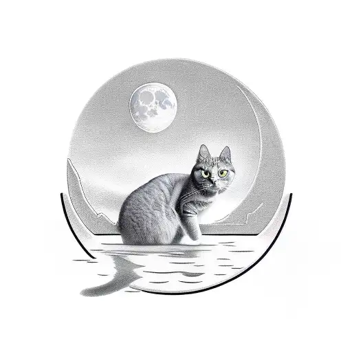 Gray Cat Walking On Water Looking At The Moon