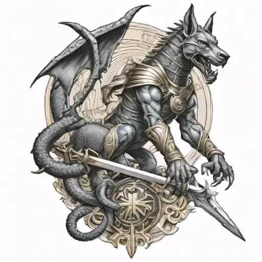 Anubis Holding Spear Riding A Dragon