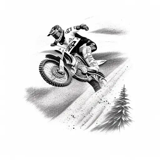 A Sketch-style Tattoo Of A Motocross Rider Jumping Over A Car In A Natural Landscape