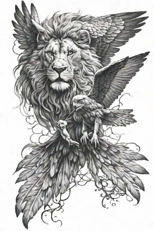 Lion And Falcon Hunting In Flight