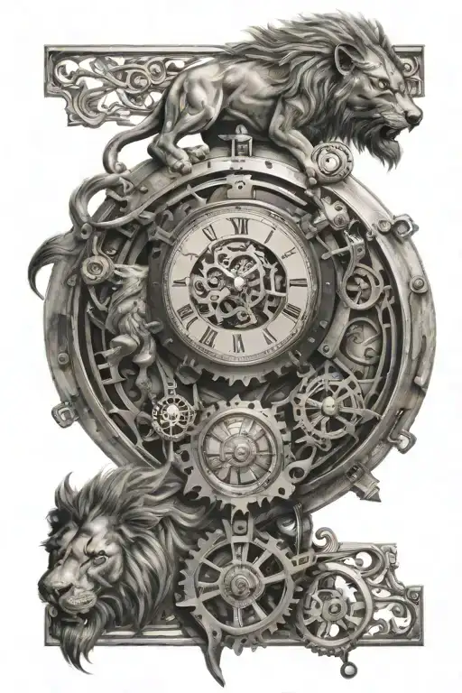 Half Lion And Watch Mechanism Symbolizing The Fight