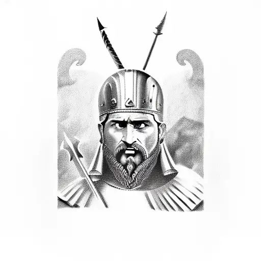King Leonidas Of Sparta Shoulder To Bicep Tattoo Focusing On Helmet And Spear