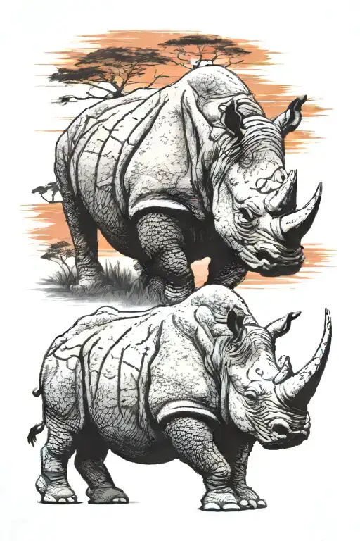 Charging Rhino In Front Of Orange Red Dramatic Sundown In African Savannah