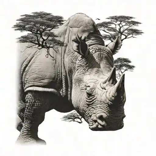 Charging Rhinoceros In Front Of South African Savannah And Orange-red Sundown With Dark Acacia Trees