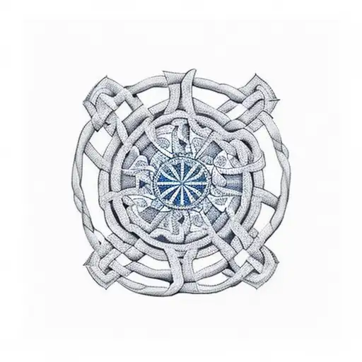 A Navy Ship Sailing On A Sea Of Celtic Patterns