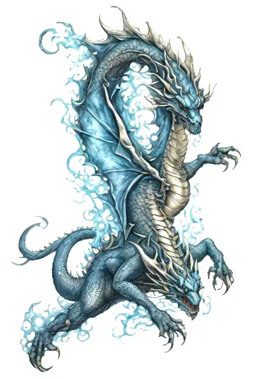 Dragon Diving Towards The Ground Breathing Blue Flames