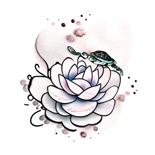 Watercolour Turtle With Water Lily And Peony