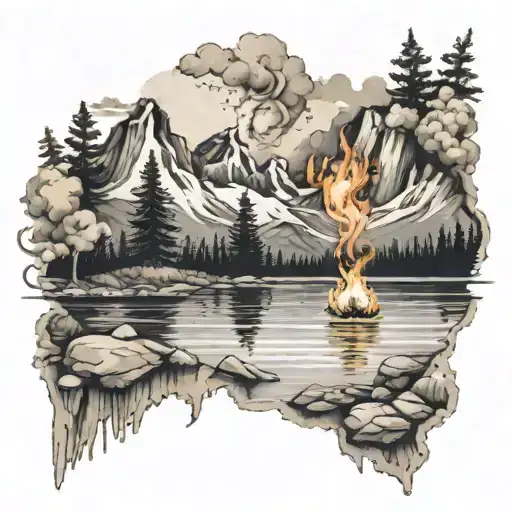 Fire By Lake With Mountains