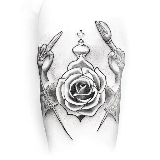 Christi Mary Arm Sleeve With Smaller Stoic Face And Other Christian Symbols Around It