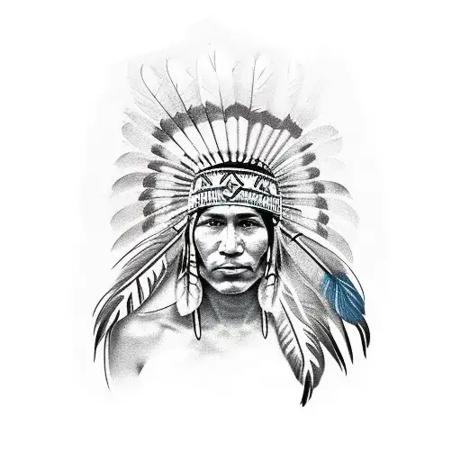 Native American Woman With A Wavy Feather Headress And Face Paint In The Shape Of A Cross