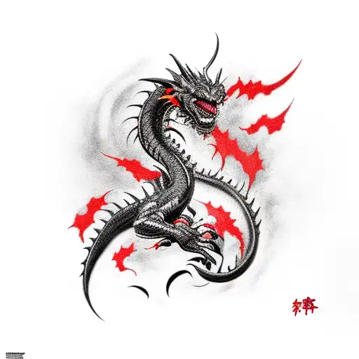Black Dragon Crawling Up With Red Graffiti