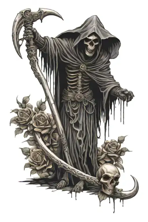 Grim Reaper Standing Holding A Scythe With Roses And Large Skulls In The Forefront By His Feet