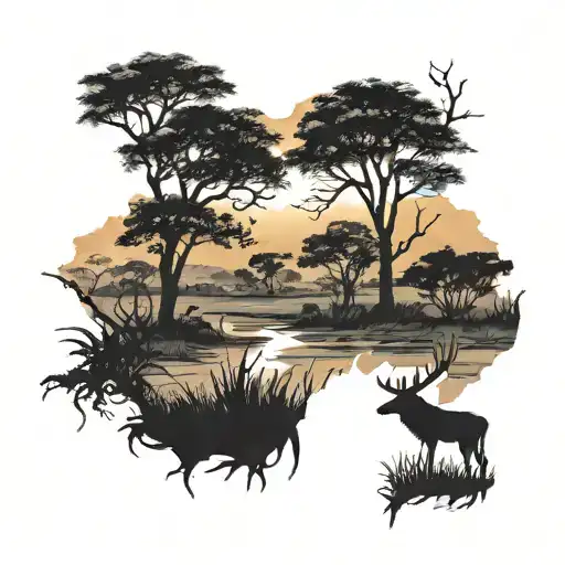 African Bushveld Landscape With A Hunter Silhouette In The Foreground
