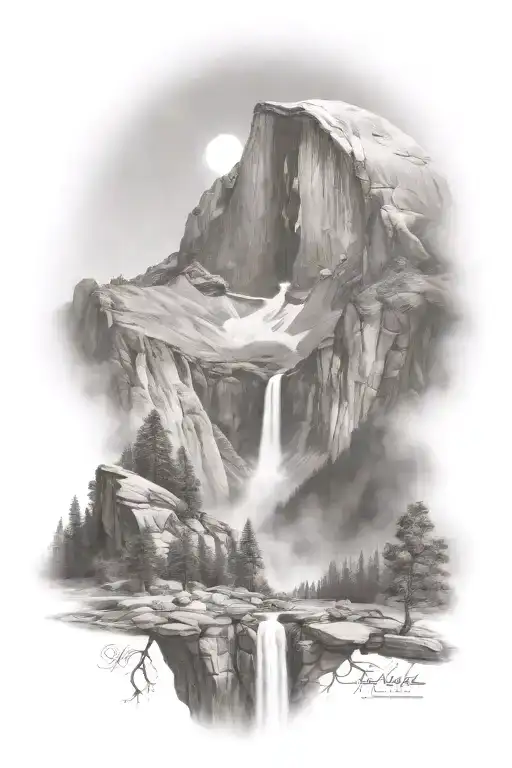 Half Dome Below Mt Whitney With Waterfall And A Trail Leading Up The Middle