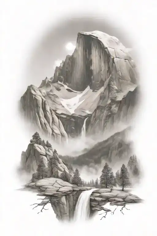 Half Dome Below Mt Whitney With Waterfall And A Trail Leading Up The Middle