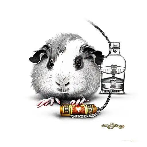 Gangster Guinea Pig With A Chain On With A Bottle Of Whiskey