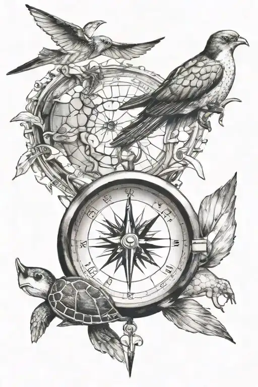 Compass And Turtle And 2 Swallows