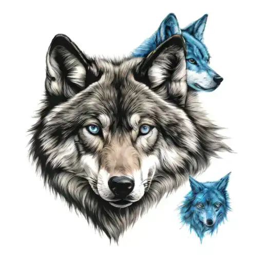Realistic Wolf With Blue Eyes Watching Over Three Shadow Figures