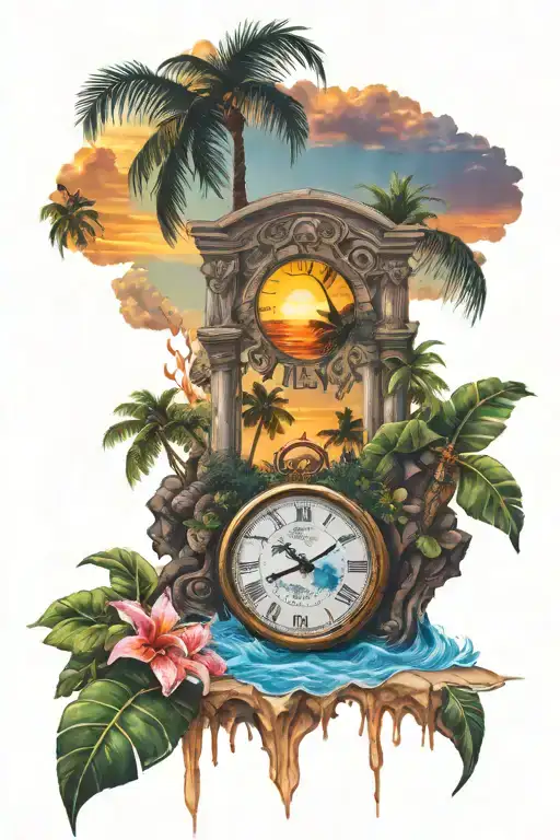 A Clock Melting Into A Tropical Island Sunset With Italian Symbols For Luck Embedded In The Scenery