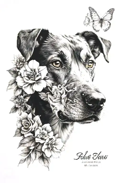 Black And Grey Arm Sleeve Floral Dog Realistic Portrait