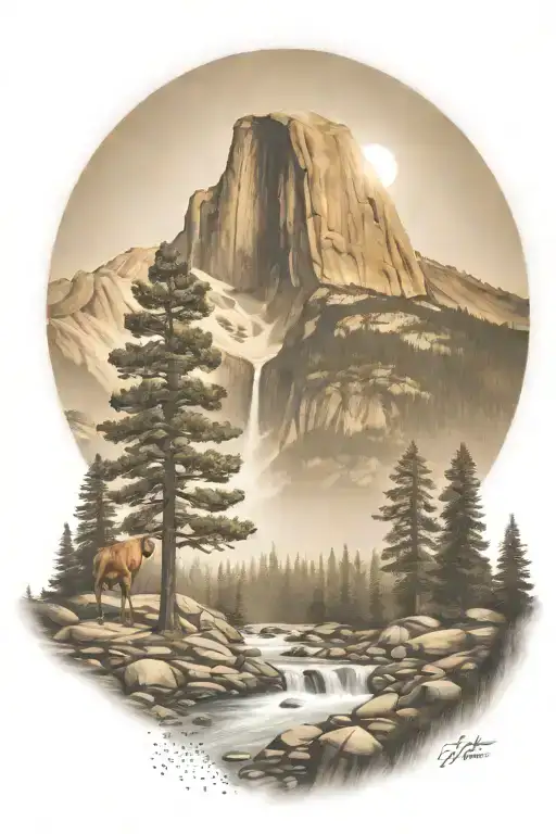 John Muir Trail Theme With Half Dome And Waterfall And Hiking Trail