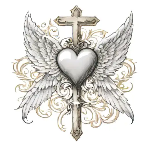 Cross With Heart In The Middle And Angel Wings