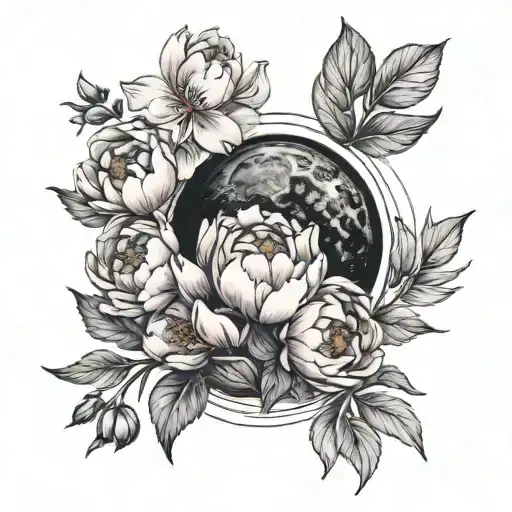 5 Phases Of Moon And One Peony Flower