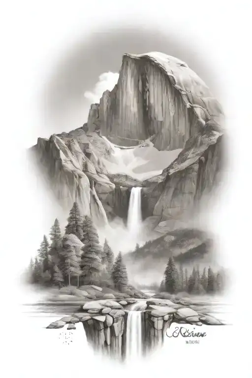 Half Dome Below Mt Whitney With Waterfall And A Trail Leading Up The Middle