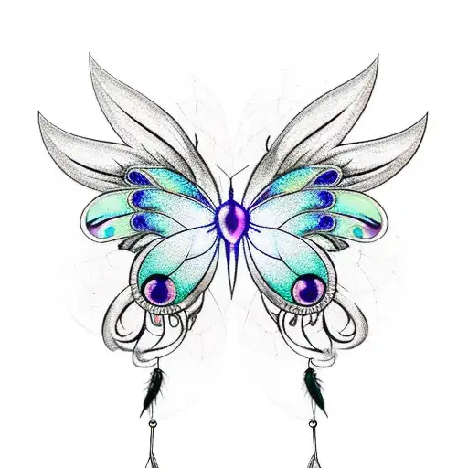 High Contrast Dream Catcher With Butterfly Wings And Dangling Feather