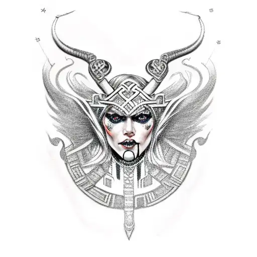 Norse Mithology Valkyrie With White Eyes And Runic Markings