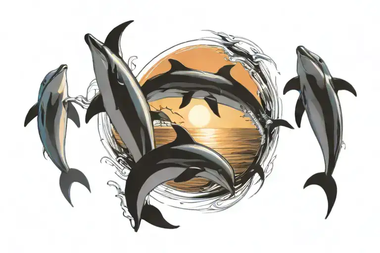 Dolphins Jumping In The Sunset Background
